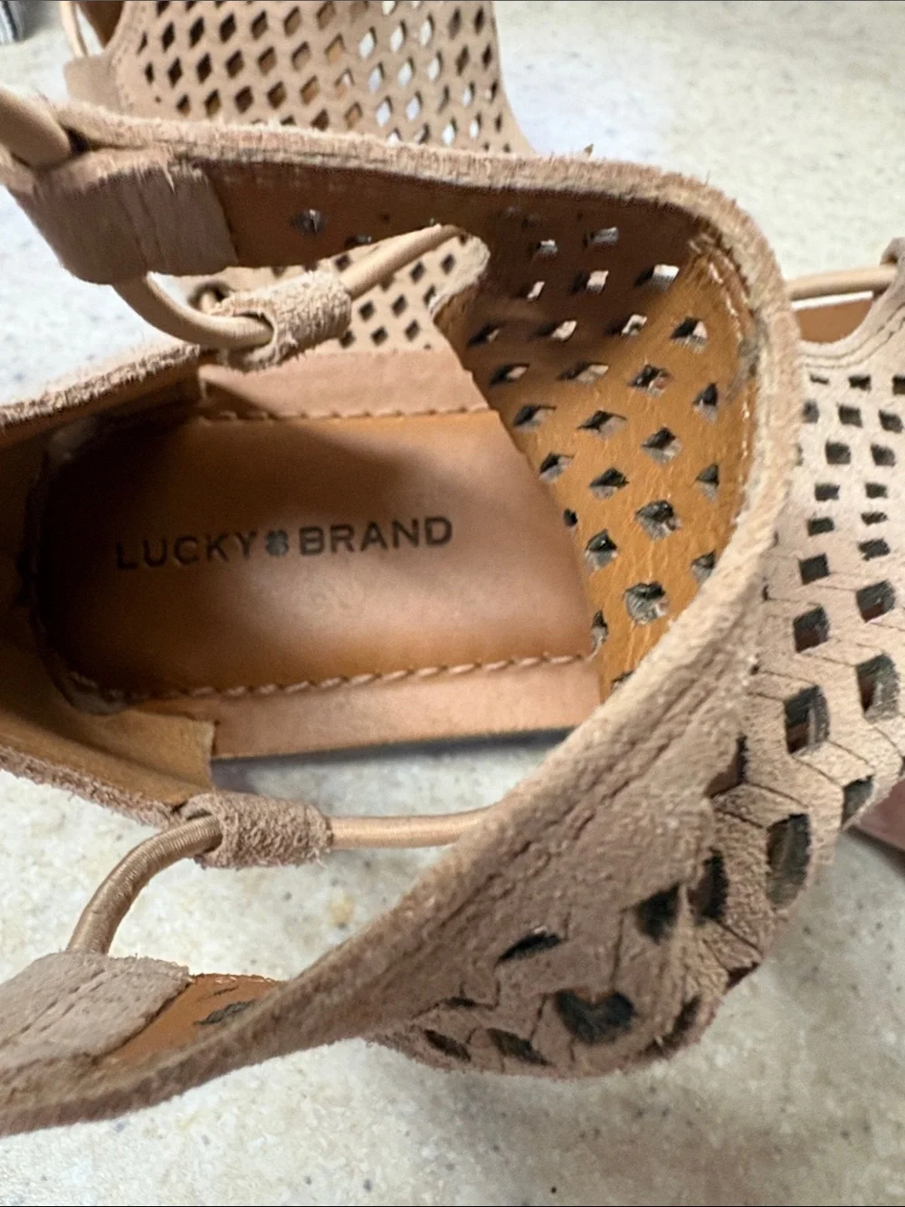 Lucky Brand Beige Tan Perforated Suede High-Cut Sandals